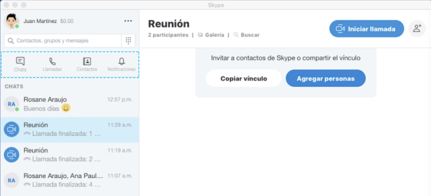 Opciones de búsqueda para llamar a contacto por skype